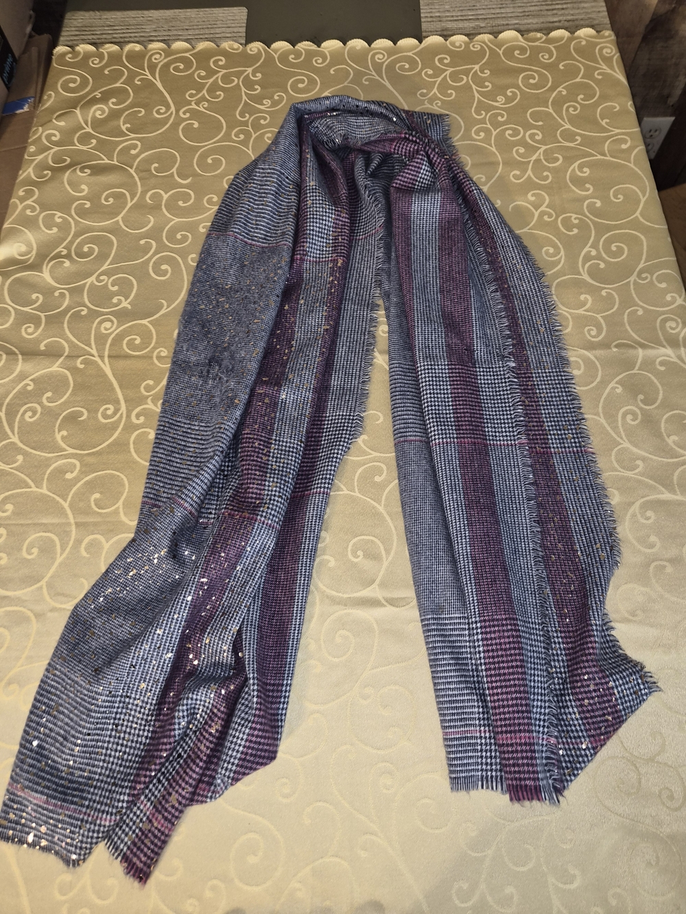 Top It Off sequin and purple plaid scarves